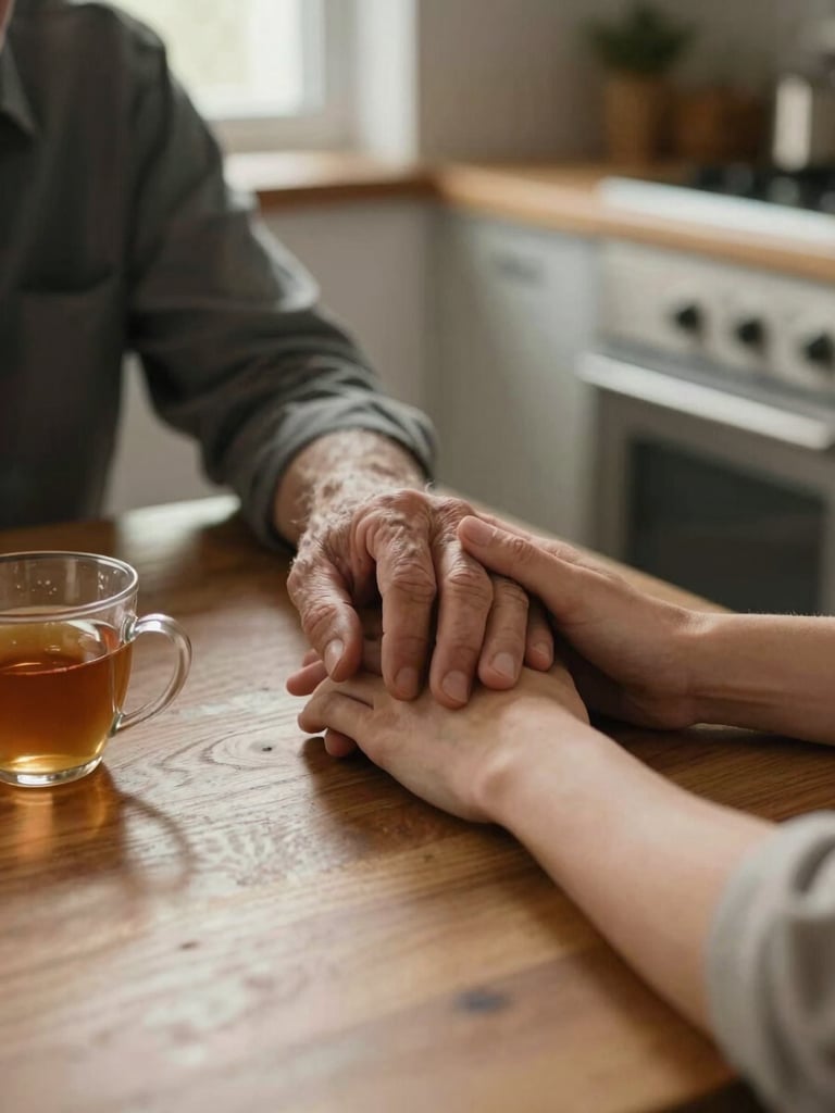 Close-medium framing of two hands — an older person's and a younger caregiver's — resting together on a wooden kitchen table mid-task, a half-finished cup of tea visible to the left, warm north-facing window light falling across the surface, muted ochre and warm gray tones, shallow depth of field, documentary intimacy