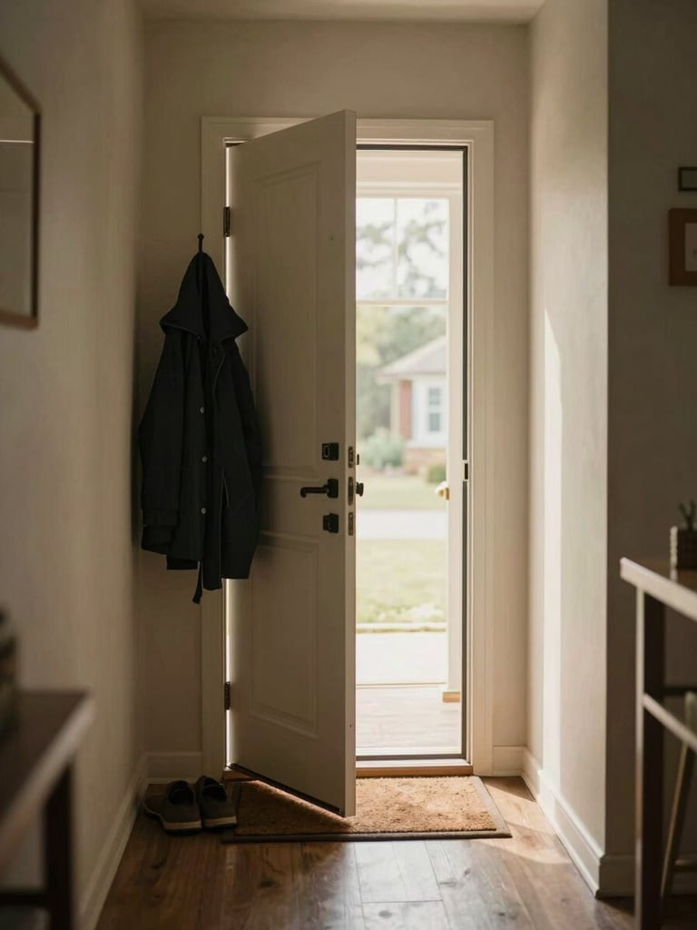 Wide environmental shot of a home entryway as seen from inside, soft morning light coming through a half-open front door, a pair of shoes near the mat, a caregiver's coat just visible on a hook — the feeling of someone arriving, warm and unhurried