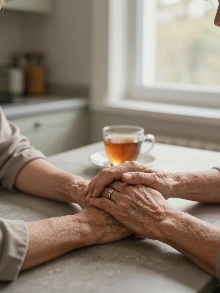 Close-up medium shot of an older woman's hands and a caregiver's hands resting together on a kitchen table mid-conversation, warm north-facing window light, a cup of tea visible in the background, muted ochre and warm gray tones, intimate and unhurried