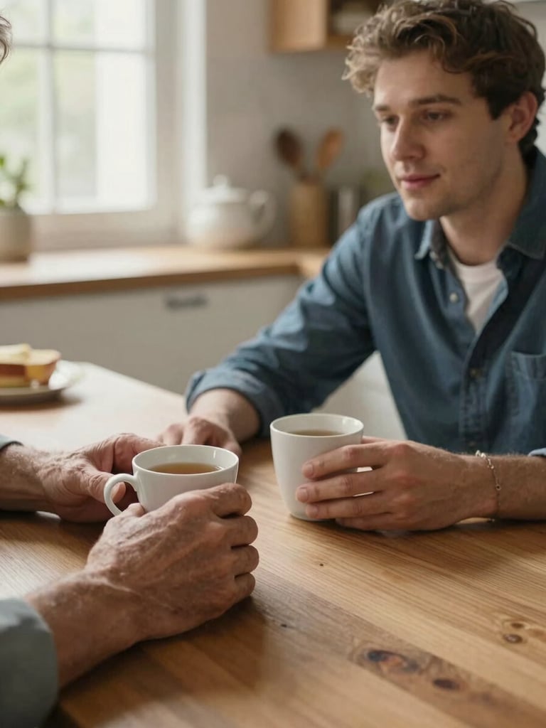 Close-up medium shot of two hands resting on a kitchen table — one older, one younger — mid-conversation over a cup of tea, warm household light from a nearby window, wooden table surface visible, no staging, candid moment of genuine attention