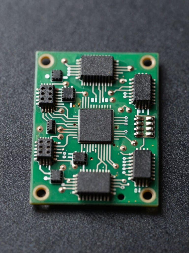 Macro top-down orthographic product photograph of an ESP32 microcontroller board on a dark matte background, crisp laboratory lighting highlighting silver solder traces and green solder mask.