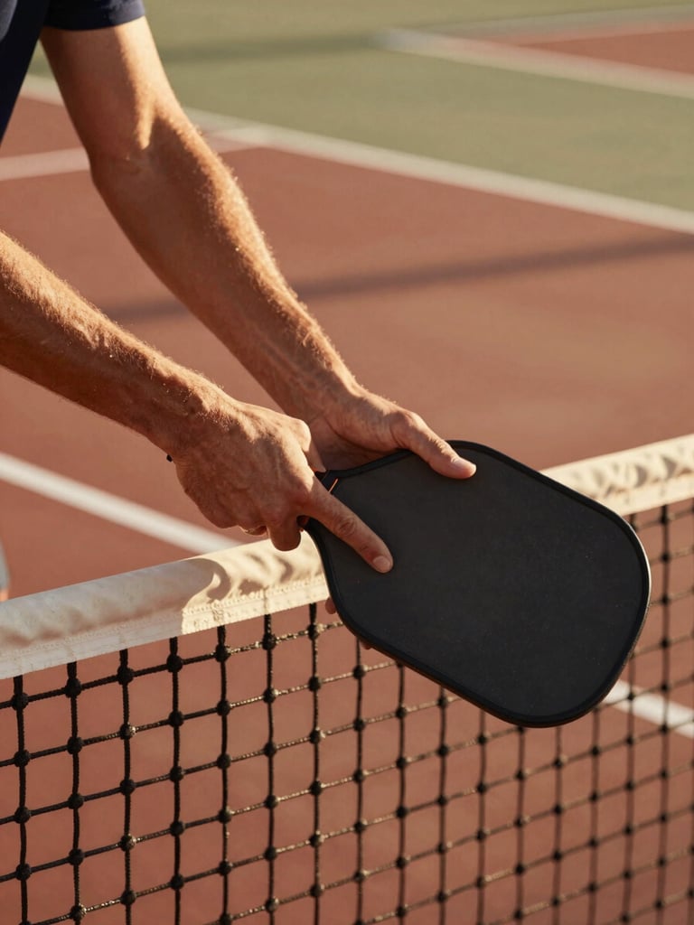 Close-up of hands shaking over a net on a pickleball court, warm golden-hour California sunlight, earthy terracotta and olive tones, candid action.