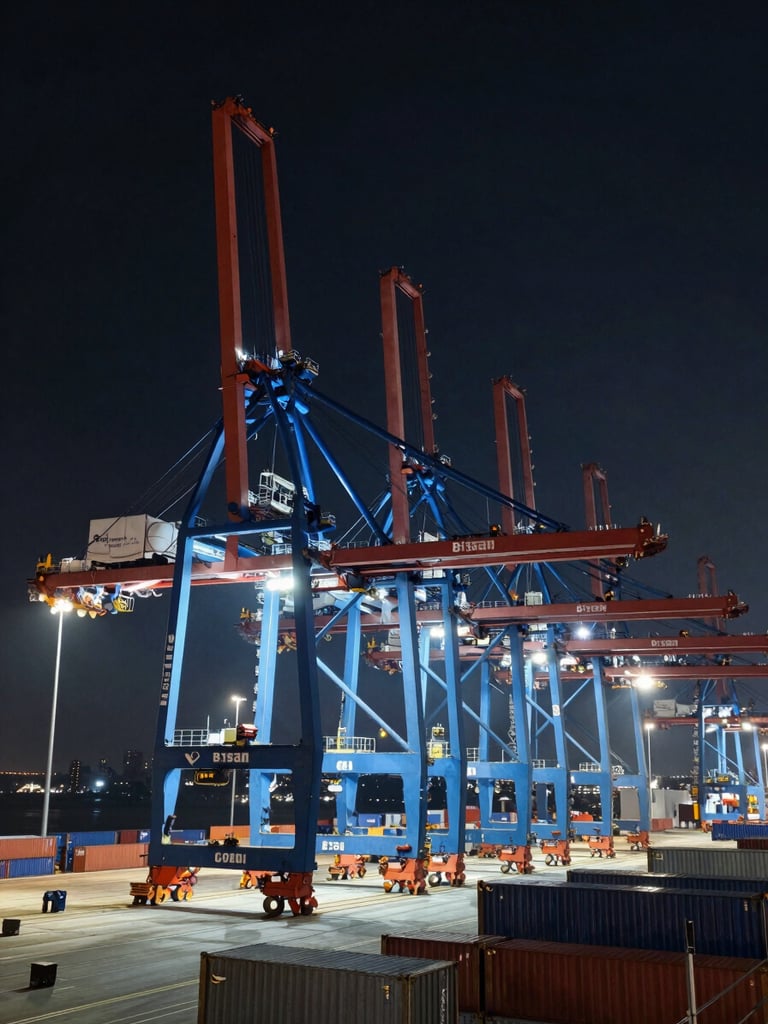 Wide angle of a modern container port at night, high-contrast lighting with cool digital blue glows illuminating the cranes.