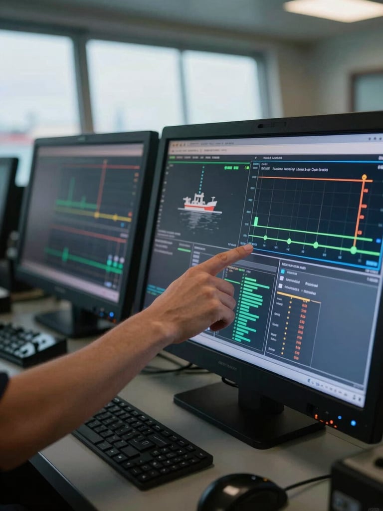 Close-up of a maritime data monitoring dashboard inside a port control room, multiple screens displaying fuel flow charts and vessel tracking overlays, cool natural daylight entering from side windows, a technician's hand pointing at one screen