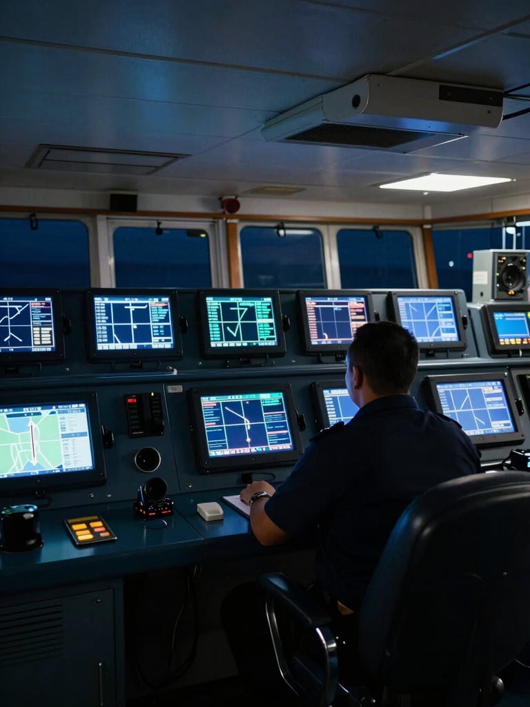 Wide interior of a ship bridge at night, multiple navigation screens glowing with chart data, a lone officer silhouetted against the instrument panels, cool technical lighting, slight blue cast, no harsh shadows