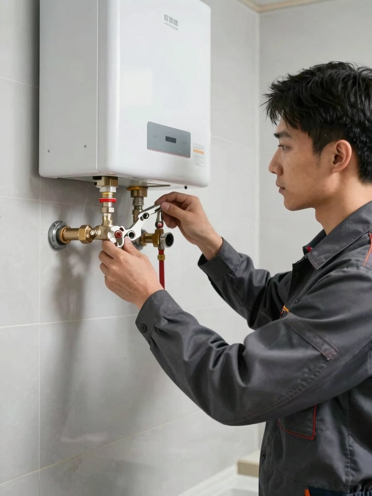 A professional plumber in a clean dark-gray uniform carefully adjusting a modern wall-mounted water heater with high-precision tools under neutral daylight