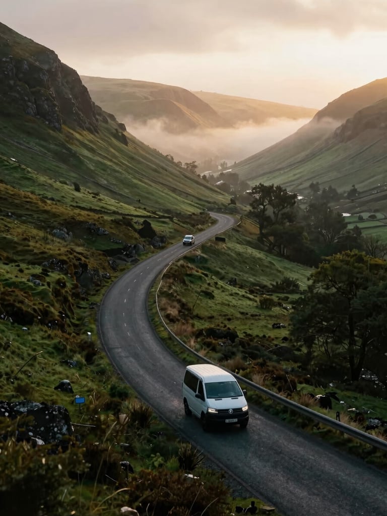 Wide panoramic shot of a misty, winding road through the green hills of the Lake District at dawn, a white Volkswagen Crafter campervan (Spartacus) visible in the distance, low horizon, soft light.