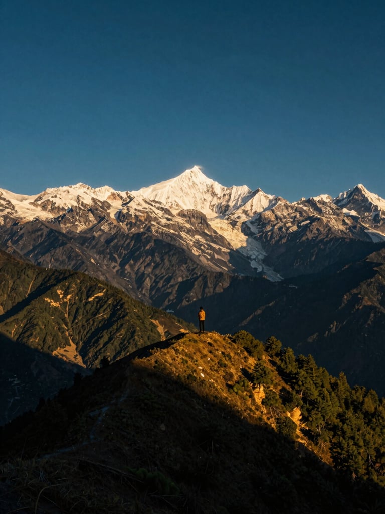 A lone figure standing on a mountain ridge overlooking a vast Himalayan panorama, deep blue sky, snow-capped peaks, a sense of immense scale and solitude, dawn light, cinematic, high-contrast.