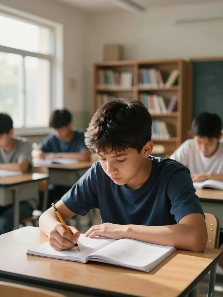 Wide environmental shot of a teenager concentrated over an open notebook at a wooden desk in a sunlit community classroom, natural daylight from a window at left, pencil in hand, bookshelves softly out of focus in background