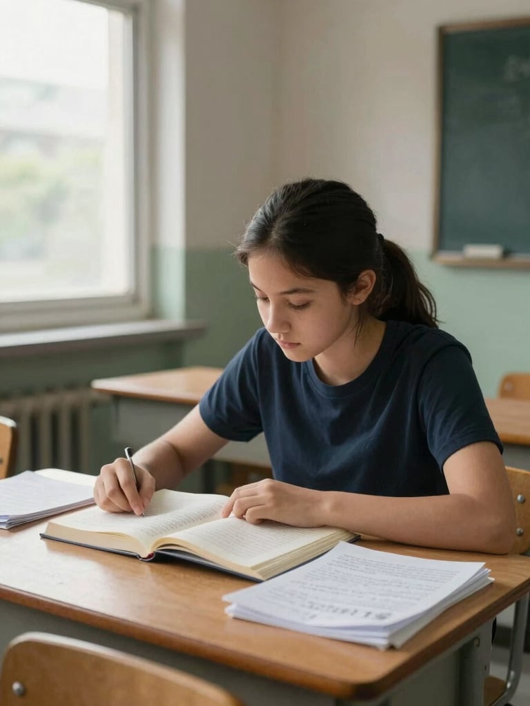 Environmental wide shot of a teenage girl reading intently at a wooden desk in a modest classroom, natural overcast daylight from a side window, books and handwritten notes visible on the desk surface, no eye contact with camera, honest concentration framing