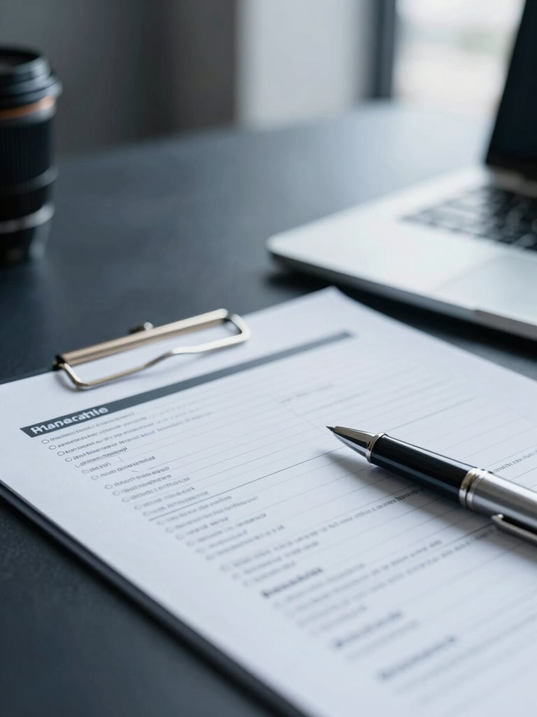 Macro detail of a structured financial document on a dark slate desk, high-end writing instrument, soft office interior lighting