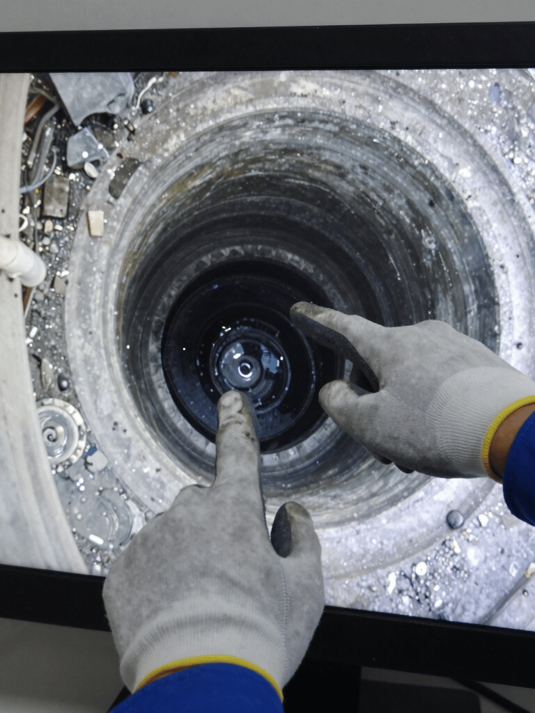 Close-up of a CCTV monitor screen displaying live pipe footage in natural daylight, technician's gloved hand pointing at a visible blockage on screen, equipment cables in foreground