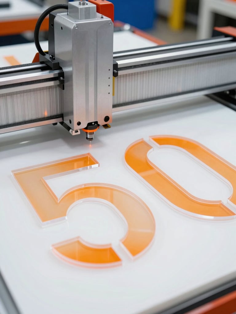 Close-up of a high-precision CNC router cutting a clean acrylic dimensional letter, bright industrial workshop lighting, orange glowing edges, sharp details
