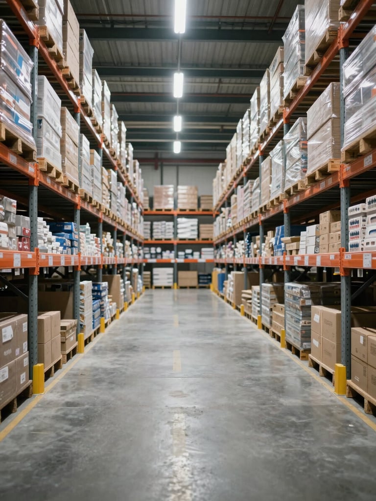 Wide environmental shot of an organized industrial warehouse interior, tall metal shelving units stacked with boxed goods receding into the distance, cool overhead fluorescent lighting casting even illumination, clean concrete floor with marked logistics lanes, no people