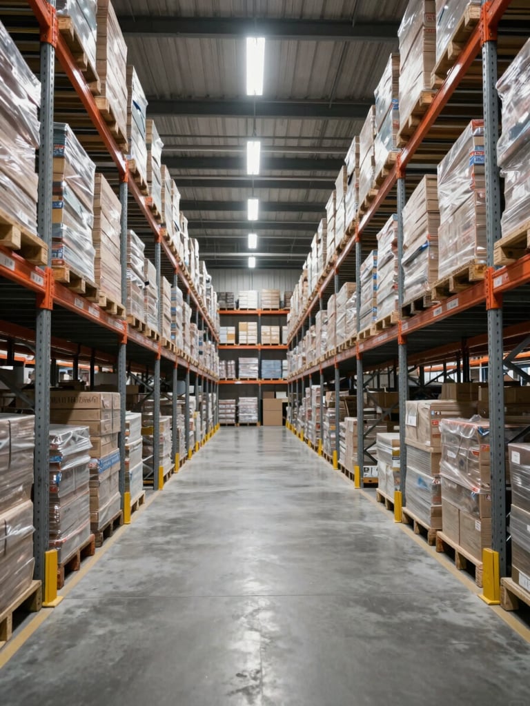 Wide environmental shot of a large organized warehouse interior, tall metal racking systems receding into the distance under cool even overhead fluorescent light, clean concrete floor with clear sightlines, no people, product stacks in uniform rows, clinical and operational in feel