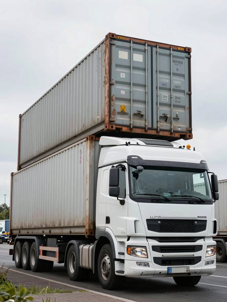 Low-angle shot of a heavy-duty transport truck loaded with sorted industrial containers, overcast Belgian daylight.