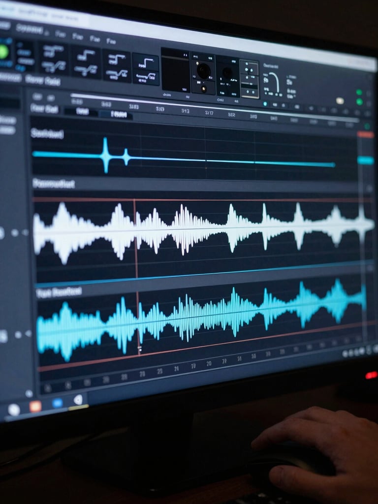 Extreme close-up of a DAW timeline on a studio monitor, waveforms and automation curves glowing against a near-black interface, engineer's hand resting on a mouse at the right edge, cool blue-white screen light the only illumination, no ambient fill