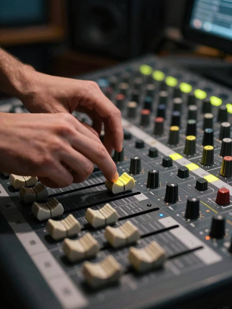 Close-up of hands on mixing console faders in a darkened studio, monitor glow casting neon-yellow light across fingertips and channel strips, night session, cool-neutral color grading