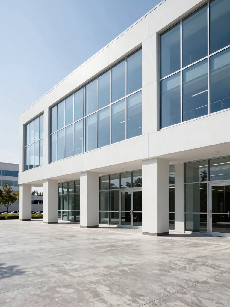Pristine commercial office lobby with clean lines, polished concrete floors, bright natural light, professional architectural photography.