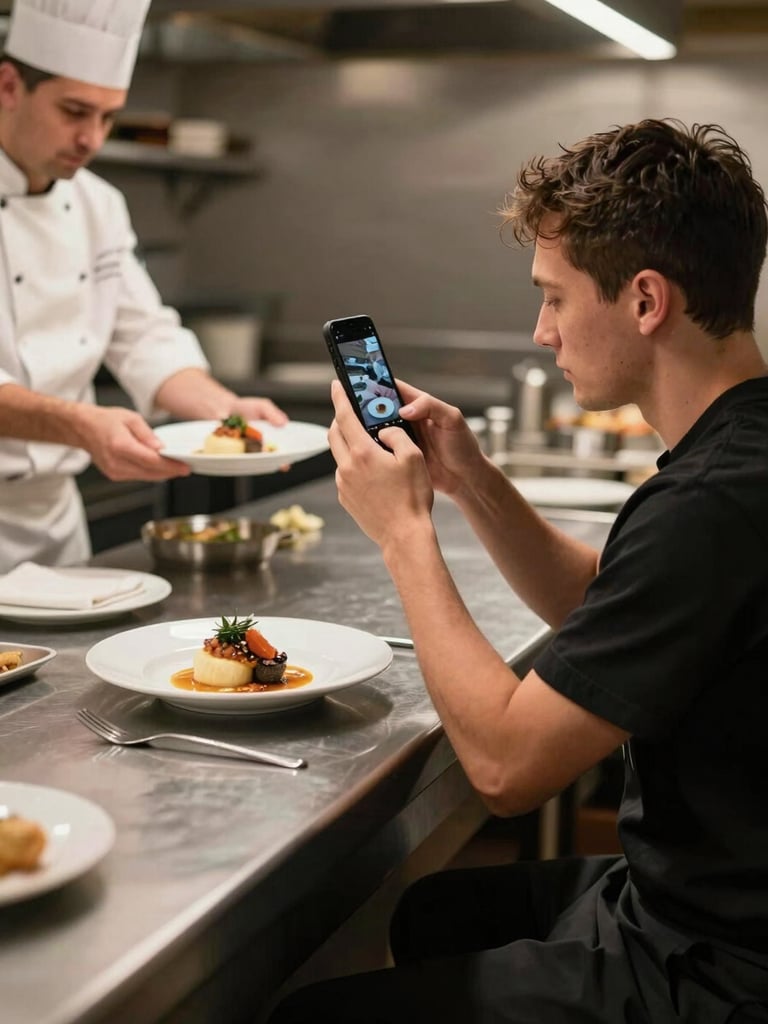 Agency staff member kneeling beside a restaurant pass, phone camera raised toward a freshly plated dish, chef's hands visible in the background handing off a plate, warm kitchen light, candid documentary framing
