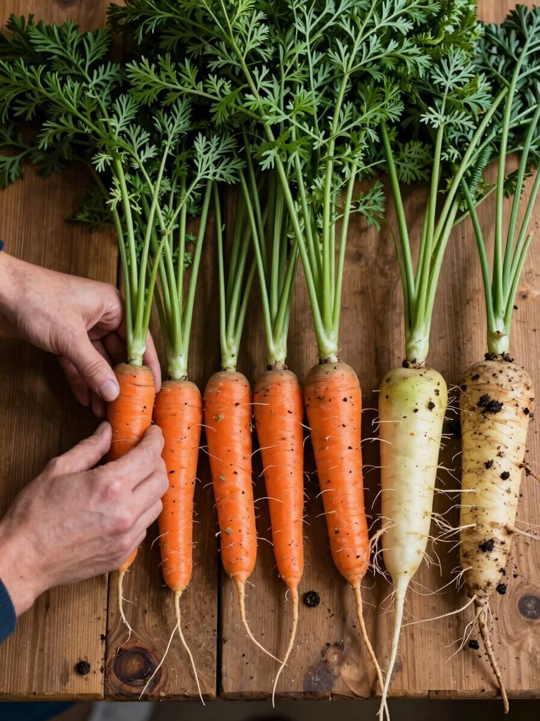Overhead flat-lay of a wooden farm table covered in freshly harvested root vegetables, a hand arranging carrots into a row from the left, soft north-facing daylight, soil-dusted textures and deep greens visible