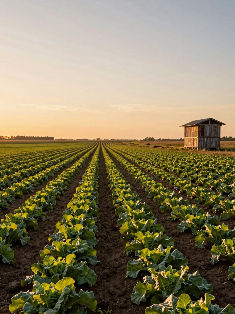 Wide golden-hour view of a farm field at harvest, rows of leafy greens stretching to the horizon, warm amber light raking across the soil, a weathered wooden farm stand structure visible in the right far background, expansive sky above