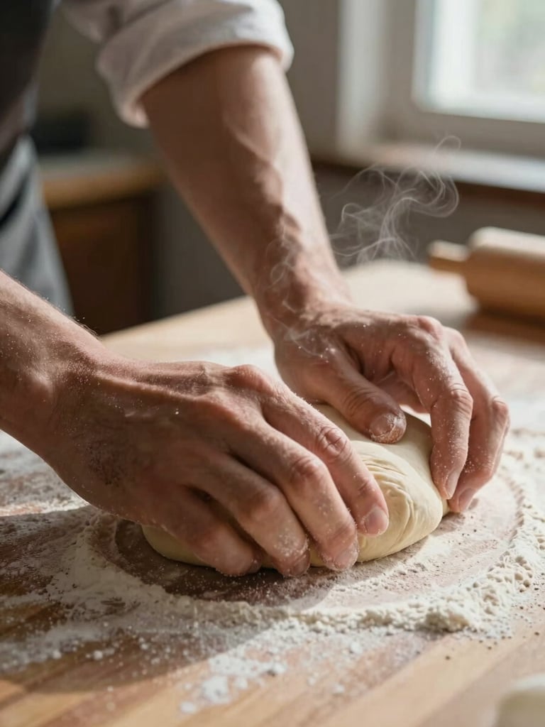 Extreme close-up, slightly left-leaning frame — a baker's hands pressing dough into a floured wooden surface, natural north-facing window light raking across the texture, steam faintly visible, no faces, tactile and documentary