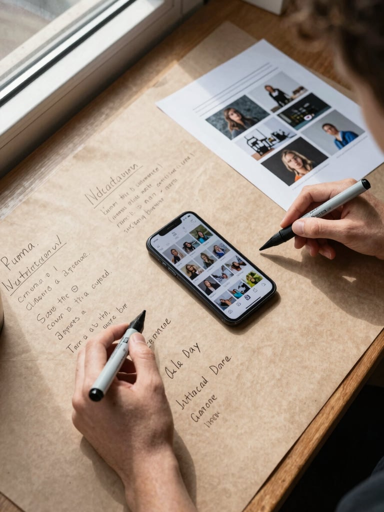 Overhead flat-lay of a content planning session: a large kraft-paper sheet covered in handwritten shoot notes and printed photo selects, a phone showing an Instagram grid mockup, two hands holding markers, north-facing window light, shadows long and even, no faces visible