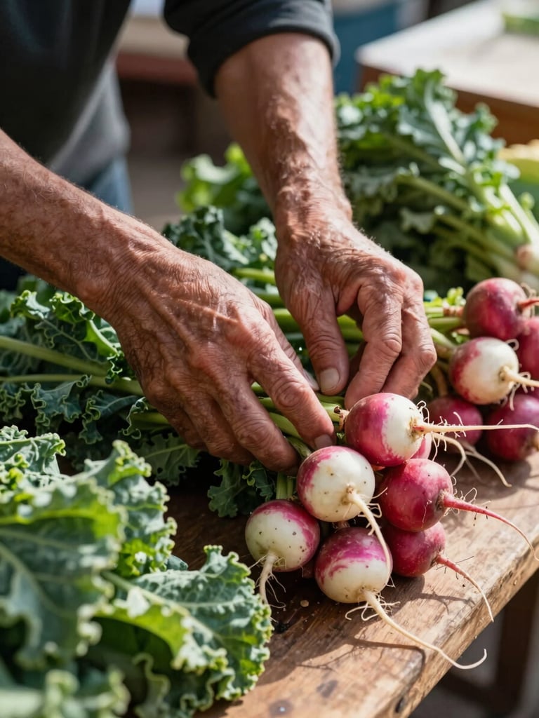 Close-up of weathered hands carefully arranging bundles of kale and radishes on a wooden market stall surface, morning light from a nearby window casting soft shadows, produce textures vivid and tactile
