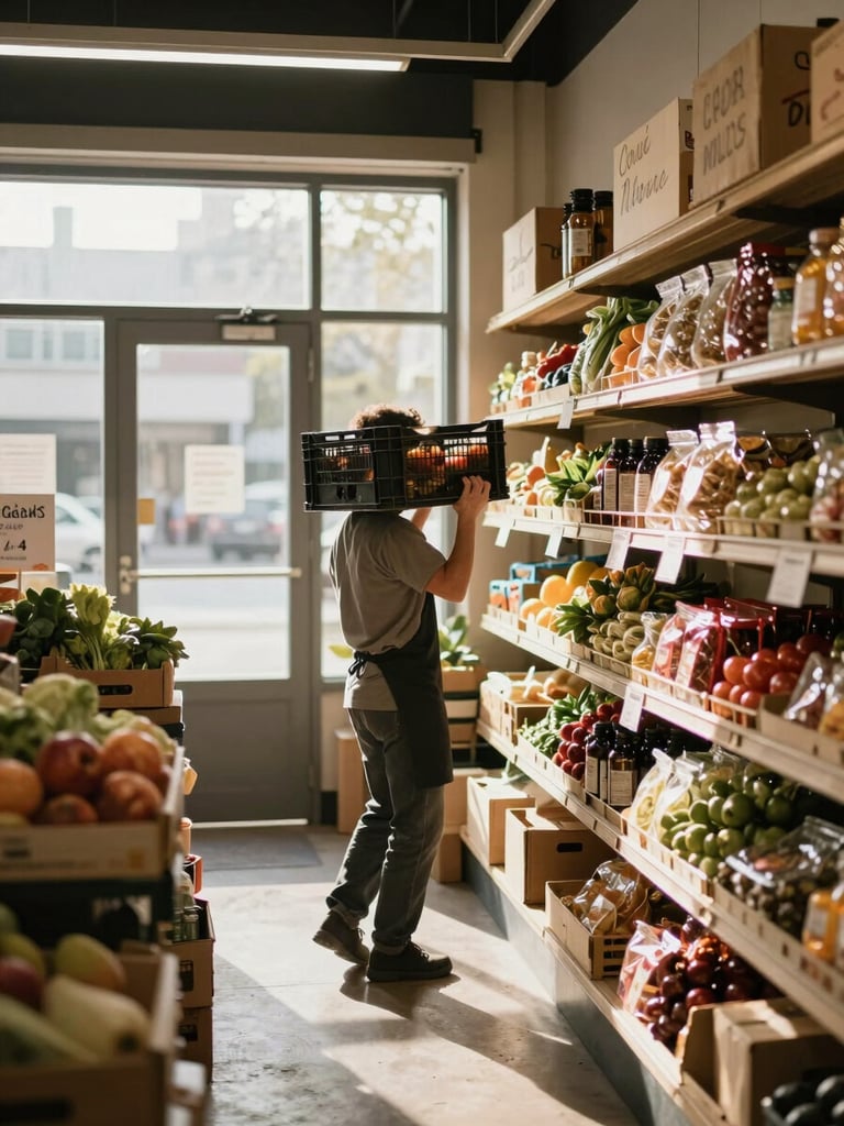 Wide environmental shot inside an independent food market at opening time, a staff member lifting a produce crate near shelves of packaged goods, warm morning light streaming through the front window, handwritten price signs visible on wooden shelving
