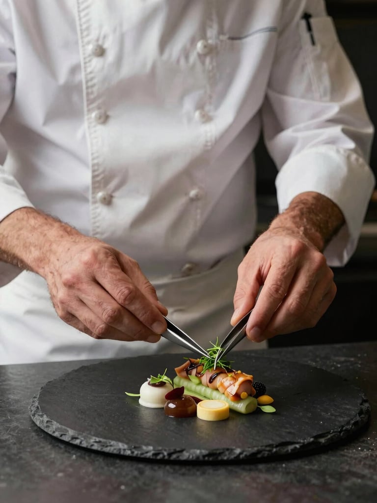 Close-up of a chef's hands in a white double-breasted jacket precisely plating a composed entrée on a dark slate plate, small tweezers in hand, single micro-herb placement, warm studio light from above-left, black background