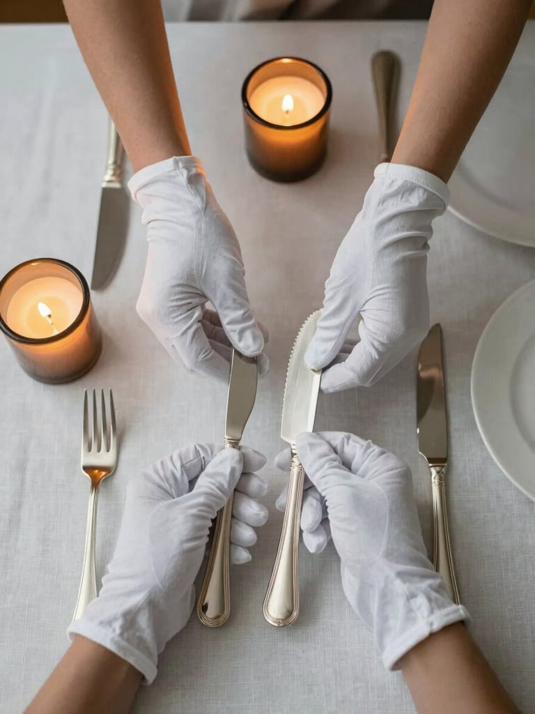 Close overhead flatlay of white-gloved hands arranging silverware on a crisp linen-covered table set for a formal dinner, warm amber candlelight catching the gold cutlery edges, no guests visible