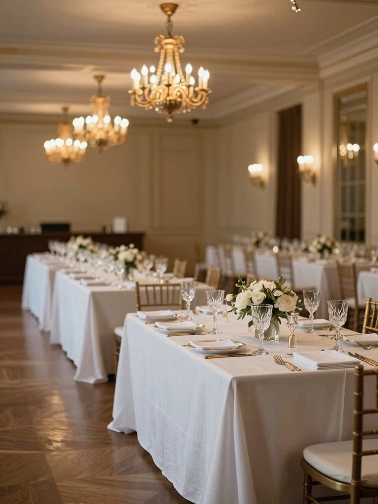 Wide panoramic shot of an elegantly dressed ballroom at the moment of formal readiness — long linen-draped tables set with crystal glassware and gold flatware, warm amber chandeliers casting even light, no guests present, left third of frame open with soft bokeh depth