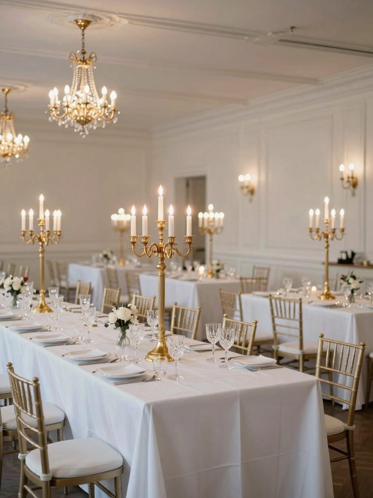Wide panoramic view of an elegantly dressed ballroom event space moments before guests arrive — white linen tables, gold candelabras, crystal glassware catching warm chandelier light, no people present, calm and formal readiness