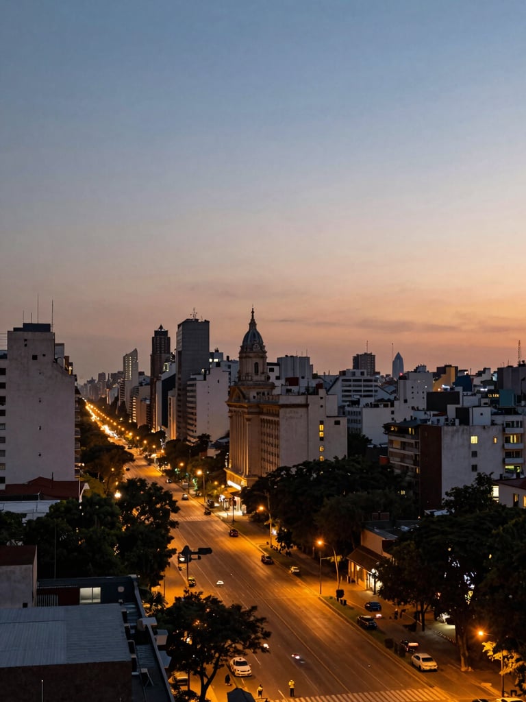 Wide environmental shot of Buenos Aires at dusk, a grand colonial boulevard receding into the distance to the left third, warm amber streetlights beginning to glow, the city skyline low on the horizon, cinematic 21:9 framing with generous sky above