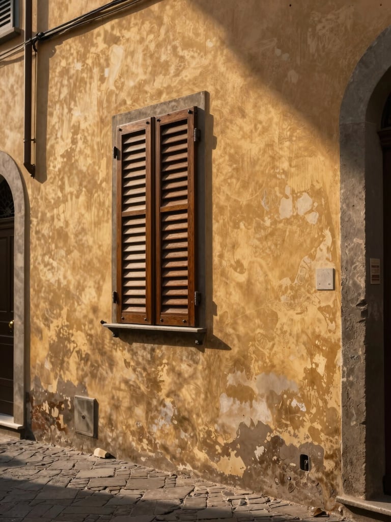 Close detail of a narrow Florentine alley at morning quiet — golden light cutting diagonally across aged ochre plaster, a wooden shutter half-open, cobblestones visible at the base, no people, north-facing shadow on the right wall