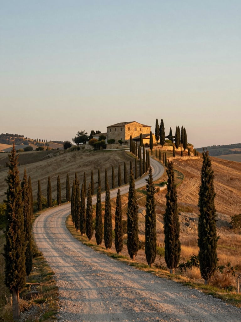 Wide view of a Tuscan hillside at late afternoon — rows of cypress trees lining a gravel road curving to the right two-thirds, warm amber light across pale limestone farmhouse walls, vast open sky above, still and unhurried atmosphere