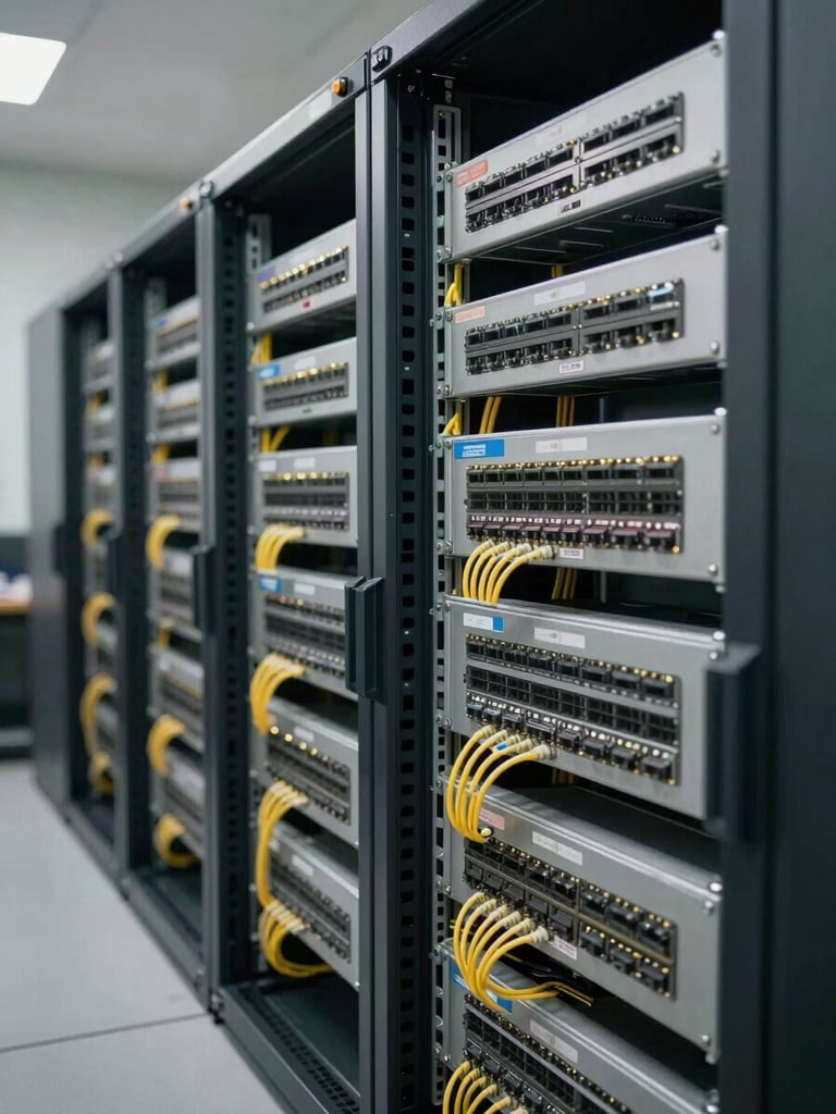 Wide shot of an organized network communications closet in a business office, right-side composition, labeled patch panels and switches neatly mounted in a rack, structured cable runs with color-coded ties, task lighting illuminating the orderly equipment, no people visible