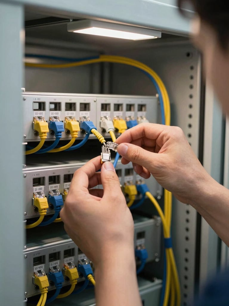 Close-up of a technician's hands methodically routing and labeling ethernet cables inside an open wall-mount communications cabinet, task lighting from above, organized cable management visible, shallow depth showing the full cabinet interior