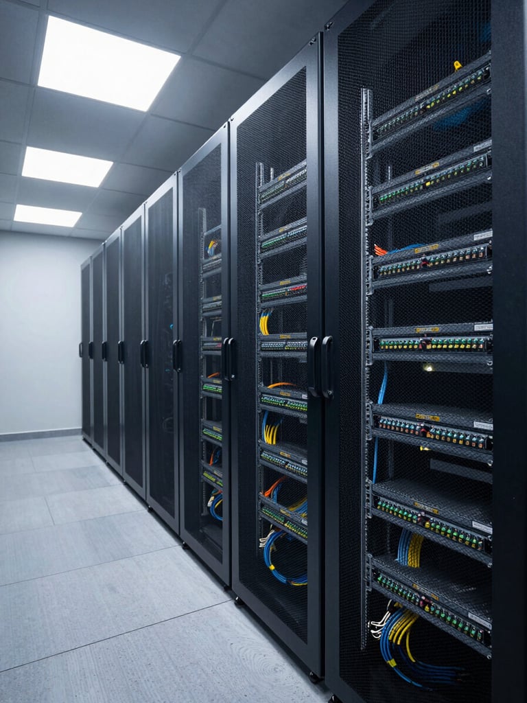 Wide shot of an organized server room in a small Israeli business, cable trays neatly routed along the wall, labeled patch panel in a rack, cool fluorescent task lighting overhead, shot from the left side showing depth and order