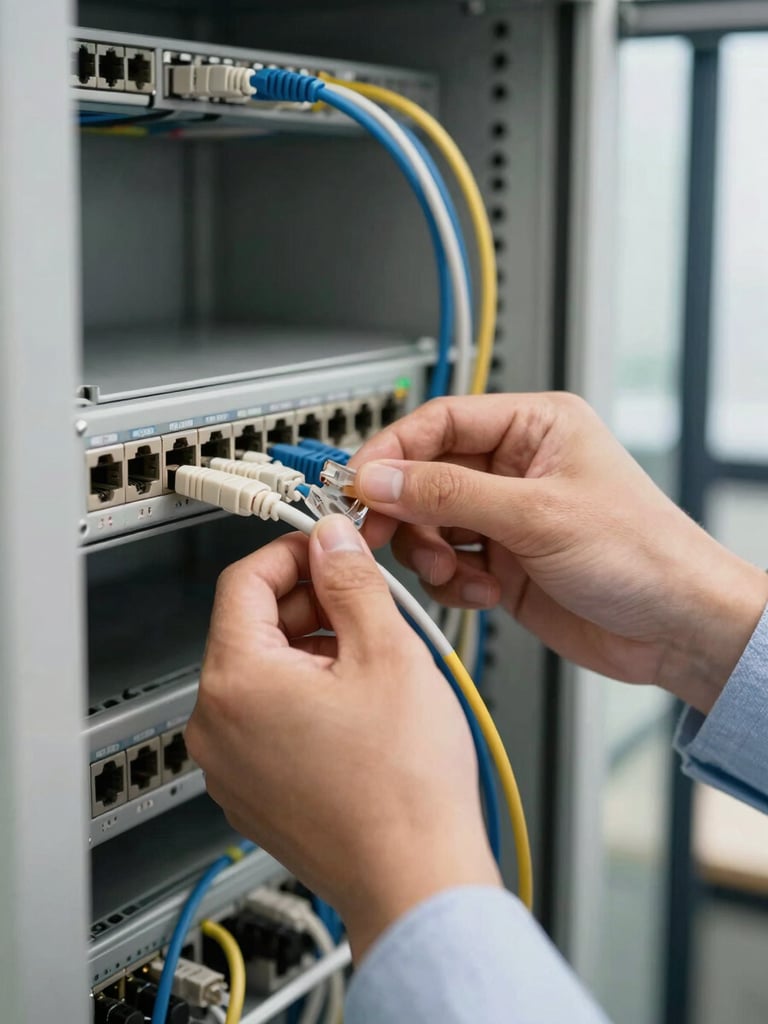 Medium-close view of a technician's hands connecting a labeled ethernet cable into a patch panel inside a wall-mounted network cabinet, office environment visible in background, daylight from window, clean and organized wiring visible