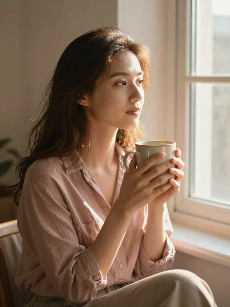 A soft-focus portrait of a female author sitting by a sunlit window, holding a warm ceramic mug, gentle golden-hour light, warm editorial style.