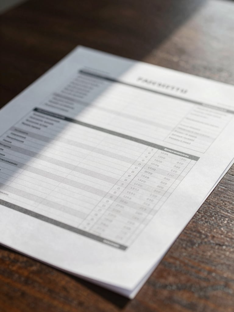 Close-up of a structured financial report on a dark wooden desk, subtle shadow from window light, clean and professional atmosphere.