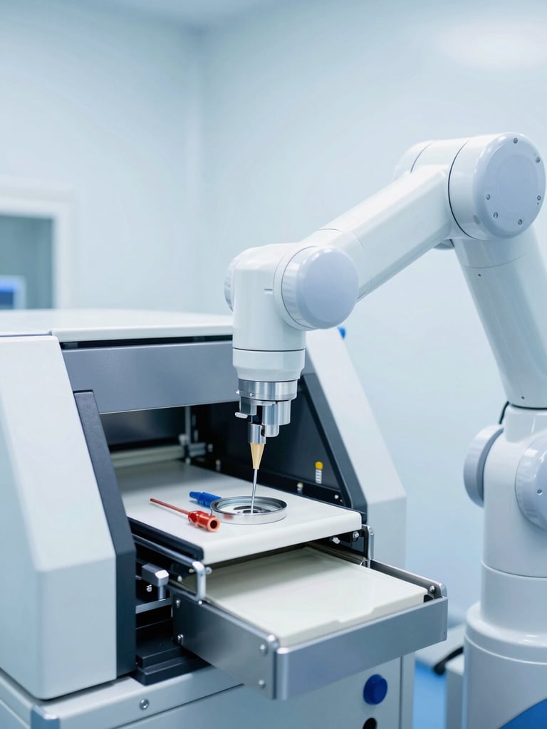 Close-up of automated medical packaging machinery in a sterile cleanroom, bright clinical white lighting, robotic arms handling surgical components