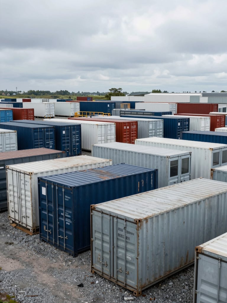 Three-quarter overhead view of an industrial equipment compound on a grey overcast day, rows of shipping containers and enclosed trailers parked in a gravel yard, steel surfaces showing honest wear and weathering, no people, wide framing showing fleet depth and diversity