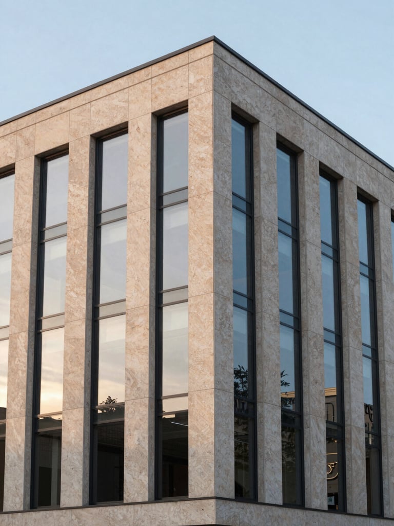 Wide architectural angle of a modern commercial building facade, warm travertine stone, clean glass reflections, soft evening light