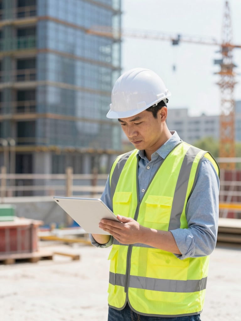 construction site manager in high-vis vest reviewing plans on a digital tablet, bright outdoor lighting, practical work environment, sharp focus