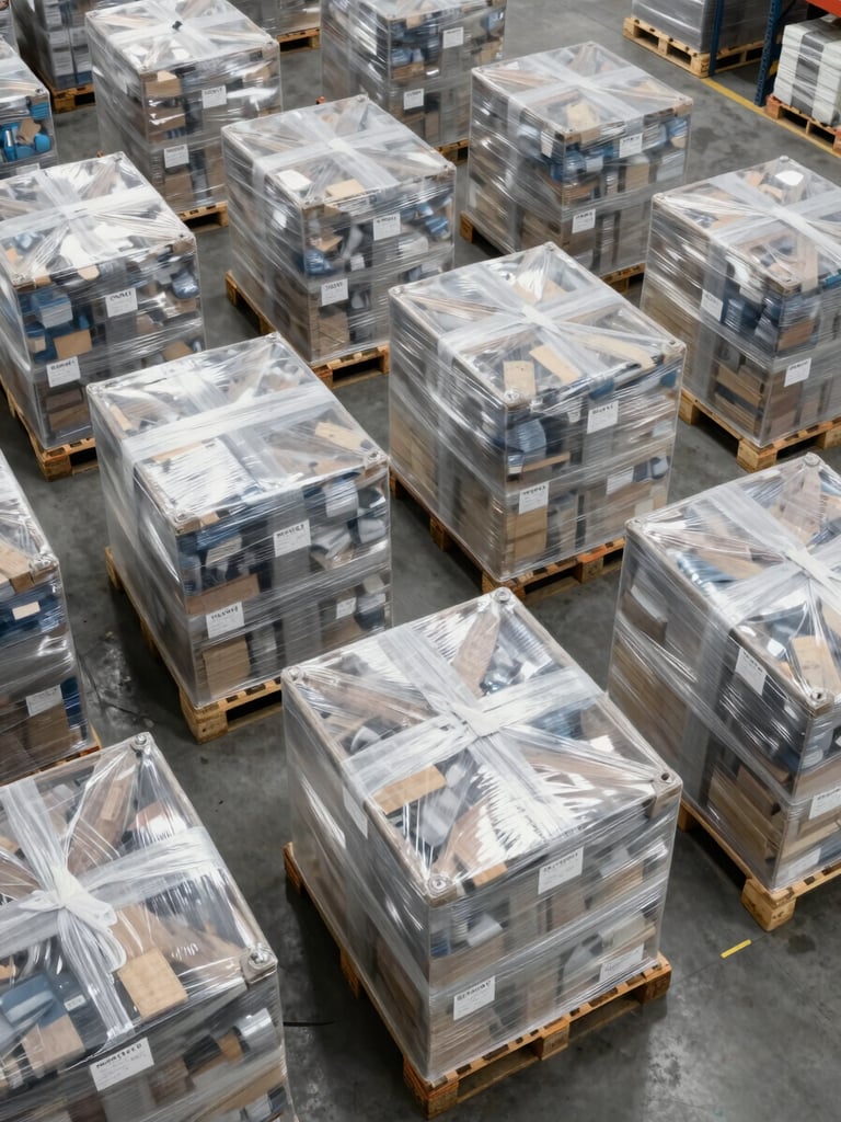 Overhead wide shot of a warehouse floor, tightly organized rows of industrial supply pallets wrapped in clear stretch film, labeled with SKU tags, bright clinical overhead lighting, concrete floor, no people, documentary framing showing stock depth and order