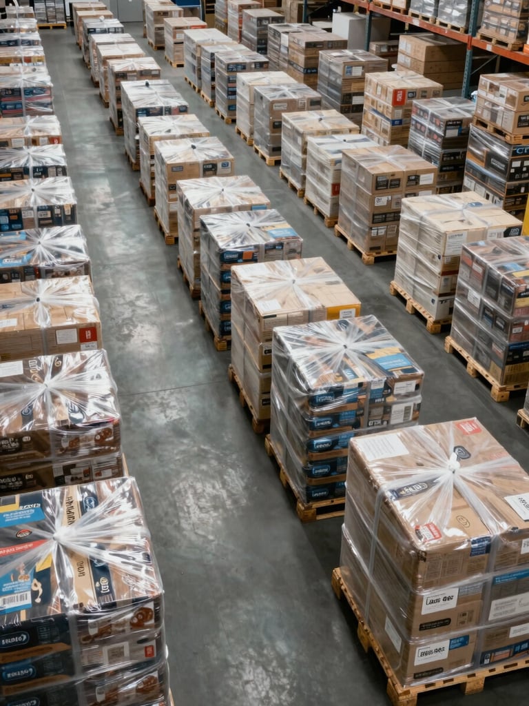 Wide overhead shot of a large warehouse floor, rows of shrink-wrapped commodity pallets organized in precise lanes under bright clinical overhead lighting, showing scale and depth of stock — no workers, no branding visible, pure inventory