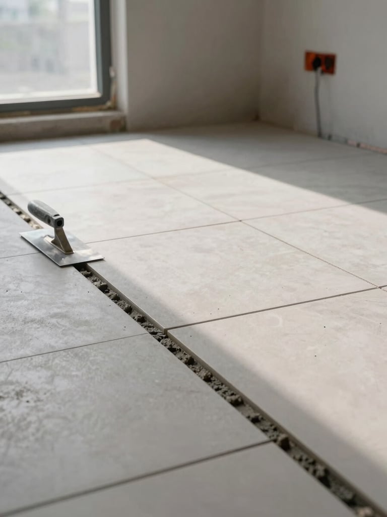 Medium environmental shot of an organized job site corner in morning daylight — a clean tile layout in progress on a floor, grout lines measured and precise, a steel trowel resting at the edge of the work, no clutter, daylight from a nearby window casting honest material light across the ceramic surface